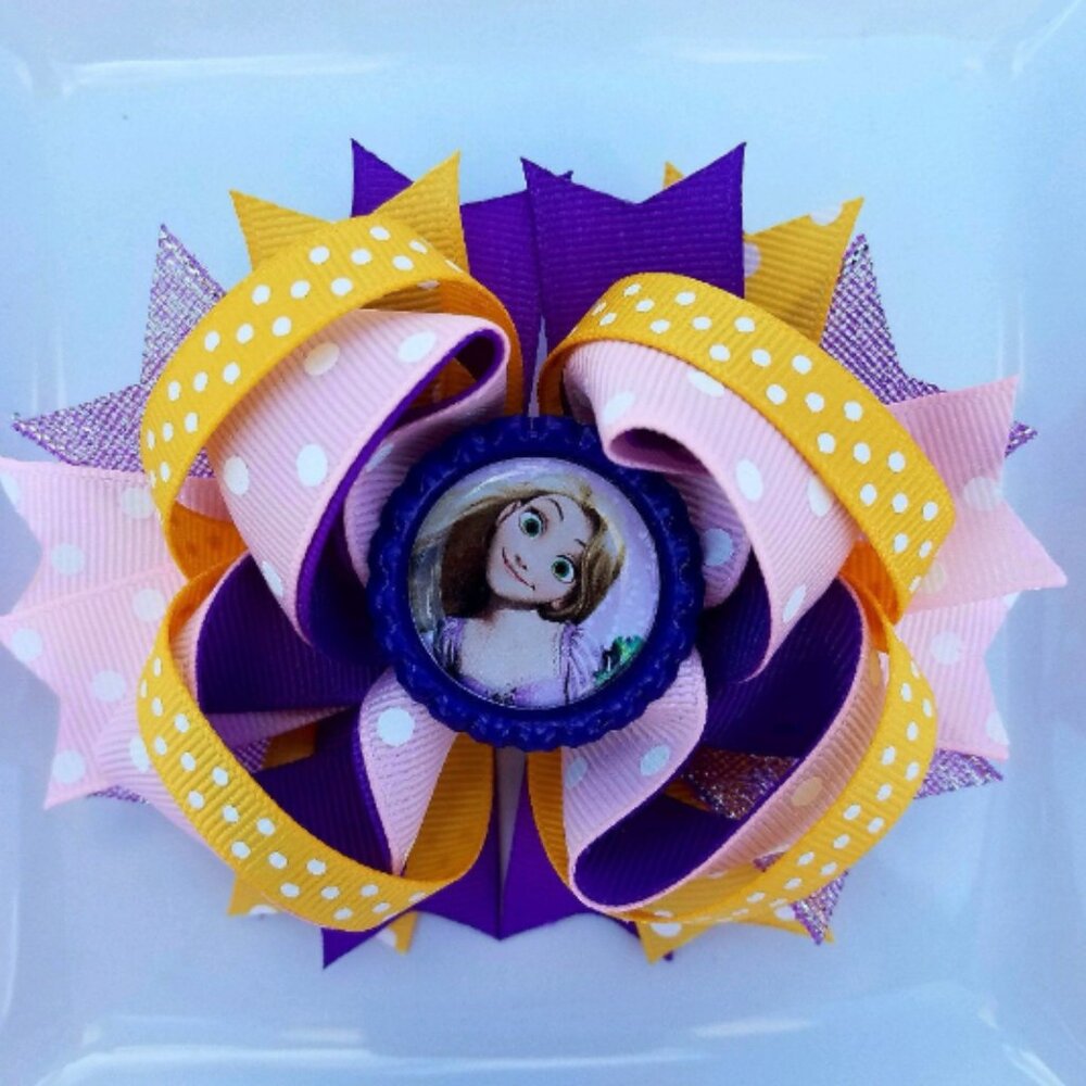 Rapunzle Tangled Disney Princess Pink Purple Yellow Bottle Cap Hair Bow 5"